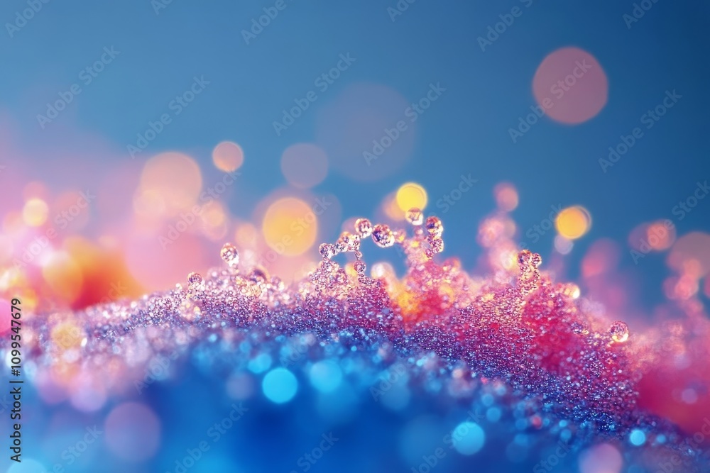 Poster colorful water droplets create a vibrant abstract background with bokeh effects during twilight hour