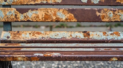 A close-up of a rusting, abandoned public bench with peeling paint and graffiti, Symbolizing urban neglect and deterioration of public amenities