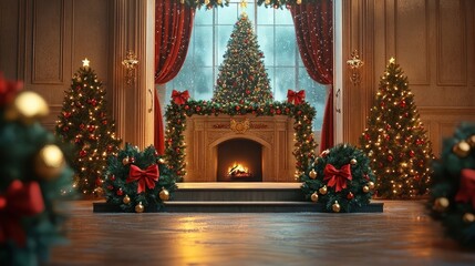 Elegant Christmas Fireplace Scene With Decorated Trees