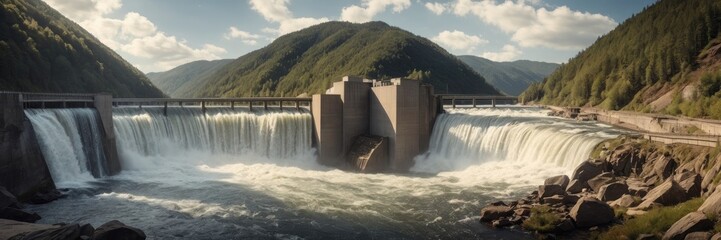 Dam with rushing water and electric turbines turning with the force of the flowing river water