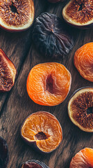 Dried figs and apricots arranged on rustic wooden table
