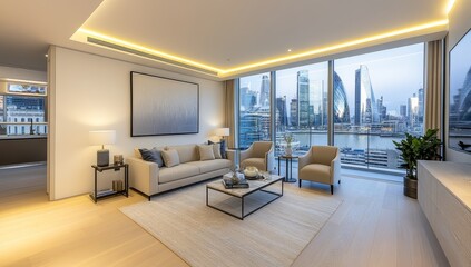 Fototapeta premium Modern living room with wooden flooring, white walls, and soft lighting