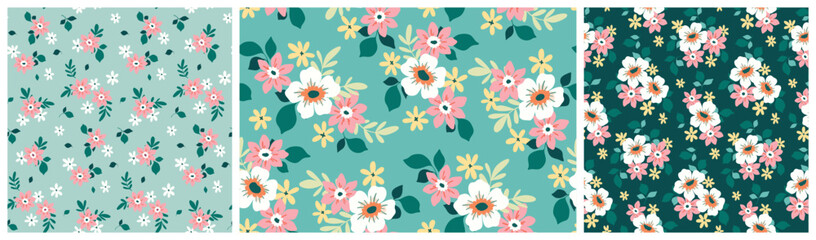 Seamless floral pattern, cute ditsy print, abstract nature ornament of tiny pretty plants. Delicate botanical design: small hand drawn daisy flowers, tiny leaves, simple bouquets. Vector illustration.