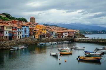 Colorful houses, harbor, boats, cloudy sky, mountains.