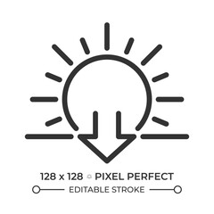 Obraz premium Sunset linear icon. Sun and downward arrow symbol. Evening time. Dusk. Transition from day to night. Thin line illustration. Contour symbol. Vector outline drawing. Editable stroke