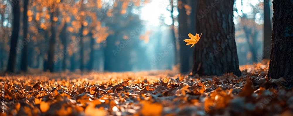 Aufkleber falling leaf in autumn forest at sunset creating magical atmosphere