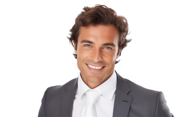 Smiling white businessmen in suit on transparent background. Men in work clothes. Rich men. Business boss. Boss of a start-up. European men. French men. American men. Isolated image. Png cut out