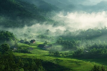 Fototapeta premium Chinese rural scenery, terraced fields, green rice fields, small houses in the middle of a mountain forest.