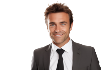 Smiling white businessmen in suit on transparent background. Men in work clothes. Rich men. Business boss. Boss of a start-up. European men. French men. American men. Isolated image. Png cut out