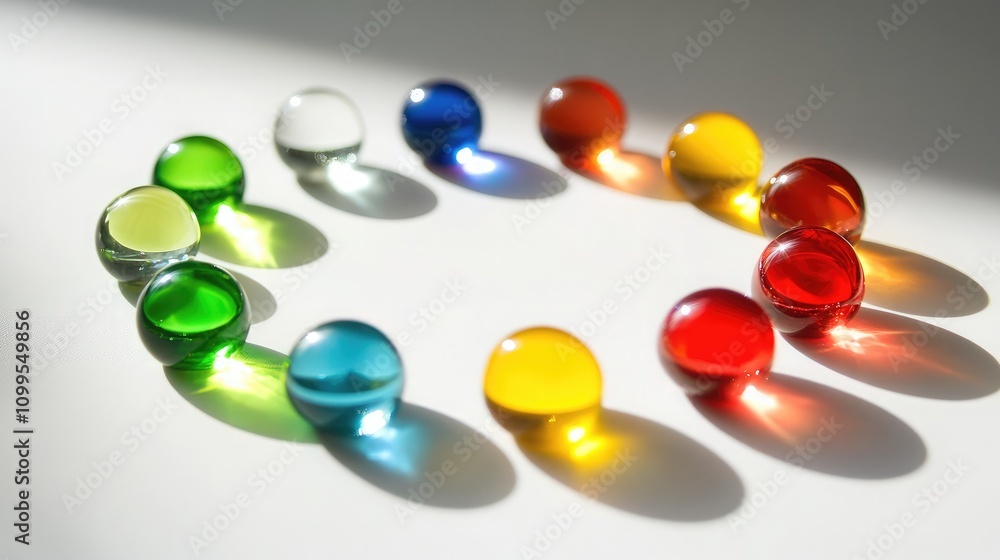 Poster colorful glass marbles arranged in a circular pattern casting shadows on a bright surface with soft 