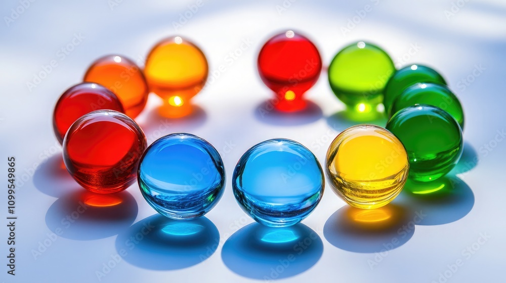 Poster colorful glass balls arranged in a circular pattern casting vibrant reflections on a light backgroun