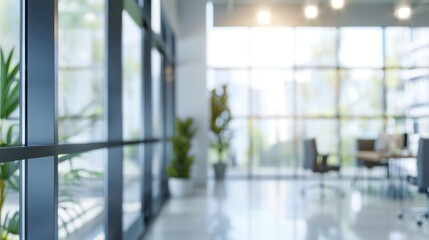 Blurred office interior background. Empty light open space office with big windows, many glasses...