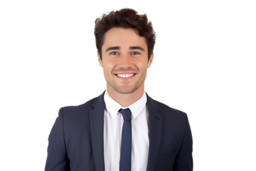 Smiling white businessmen in suit on transparent background. Men in work clothes. Rich men. Business boss. Boss of a start-up. European men. French men. American men. Isolated image. Png cut out