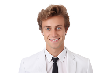 Smiling white businessmen in suit on transparent background. Men in work clothes. Rich men. Business boss. Boss of a start-up. European men. French men. American men. Isolated image. Png cut out