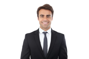 Smiling white businessmen in suit on transparent background. Men in work clothes. Rich men. Business boss. Boss of a start-up. European men. French men. American men. Isolated image. Png cut out