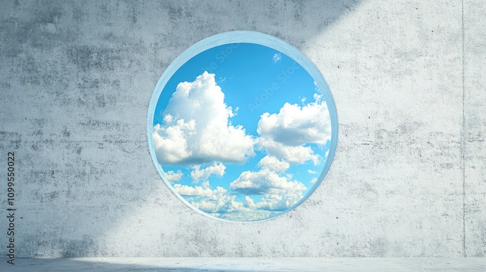 Poster modern architectural design with circular window showcasing blue sky and clouds in minimalist concre