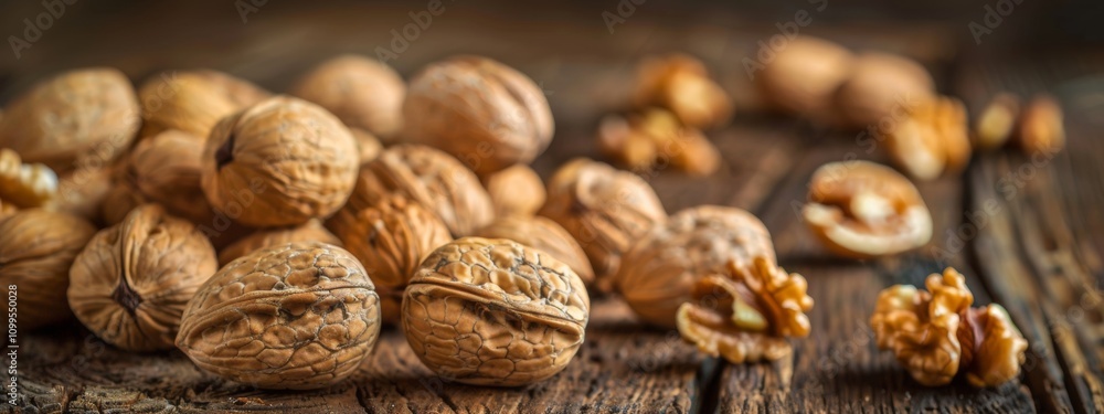 Aufkleber walnuts on a rustic wooden table in a close-up view