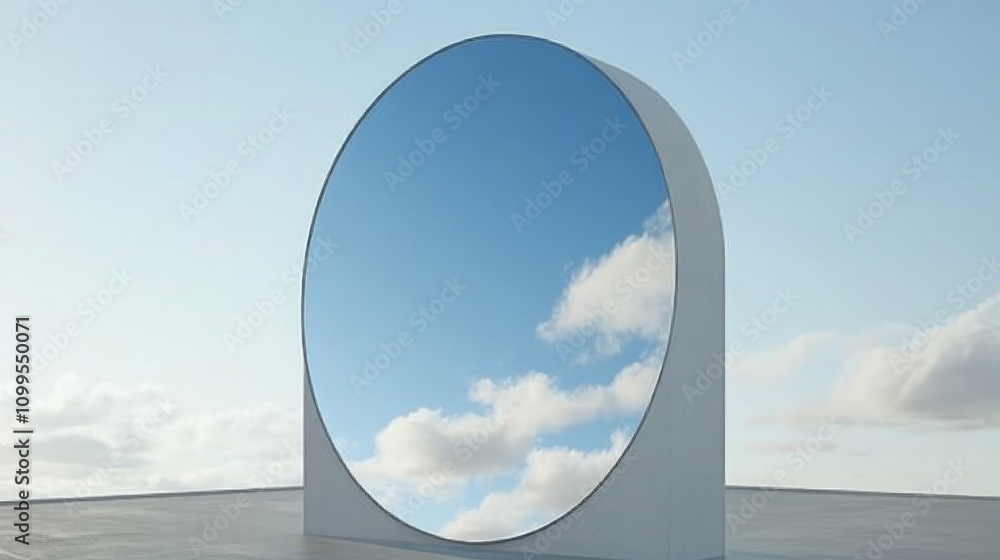 Poster abstract circular mirror reflecting clear blue sky and clouds on minimalist rooftop surface with sof
