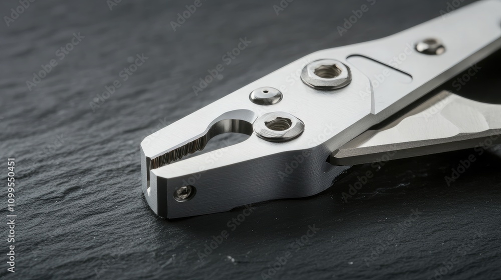Poster close-up view of a precision metal tool with detailed features and a smooth surface on a slate backg