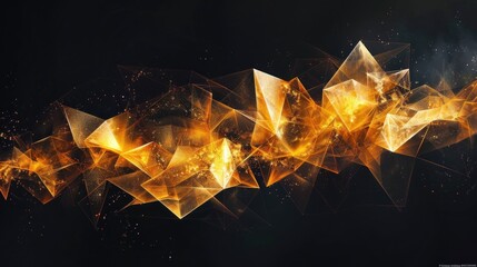 Obraz premium Abstract golden geometric shapes, fiery, glowing, dark background.