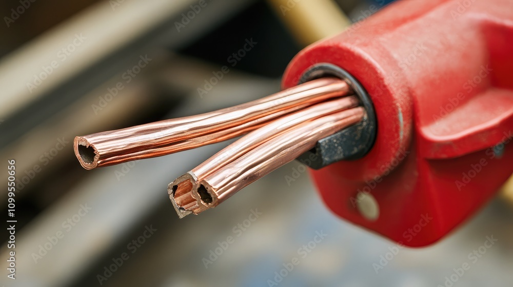 Poster close-up view of stripped copper wires coming out of a red wire connector with blurred background in