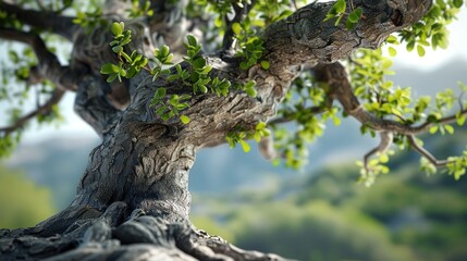 Fototapeta premium Close-up of a bonsai tree's textured bark and vibrant green leaves against a blurred natural background.