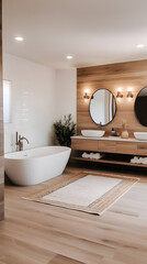 A stylish bathroom in a modern house with 2000s influences, featuring a filled bathtub, recessed lighting, vessel sinks, and a blend of warm and cool tones.  3D render.