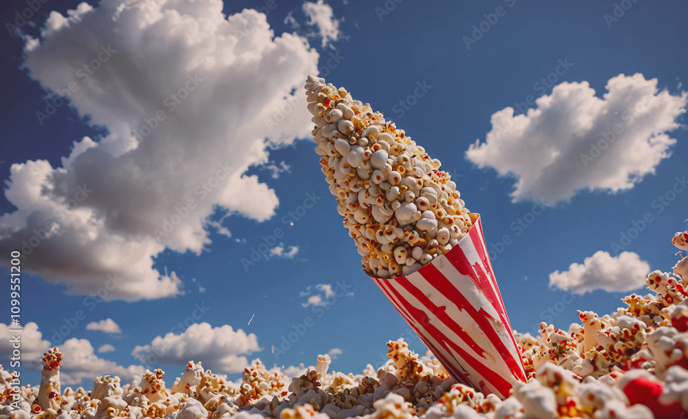 Poster Large pile of popcorn is in a red and white container. The popcorn is scattered all over the container