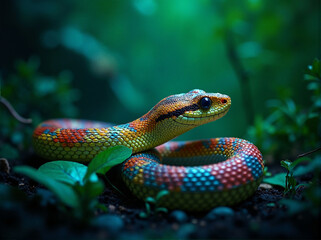 Green tree snake symbol of 2025 in the jungle near the water