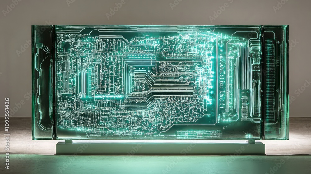 Aufkleber captivating transparent circuit board display featuring intricate electronic patterns and neon glow,