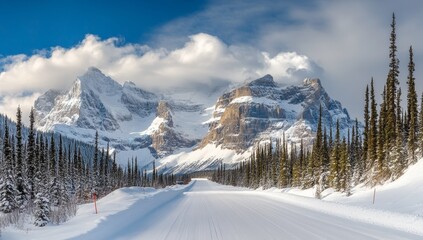 Snowy mountain road with trees, car driving, and beautiful scenery