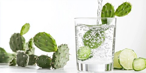A glass into which cactus water is poured.isolated on a white background. photo. cucumber in glass