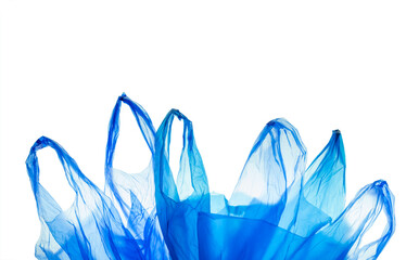 blue diaposable plastic shopping bags isolated on white background, plastic waste pollution