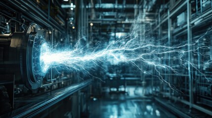 Electric Arc Discharge in Industrial Environment with Blue Sparks and High Voltage Energy Electric Arc Creating Powerful Lightning Effect in Factory Setting