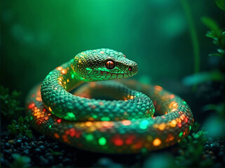 Green tree snake symbol of 2025 in the jungle near the water