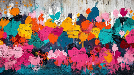 A vibrant, seamless pattern of colorful graffiti art layered on a weathered concrete wall, showcasing urban street art