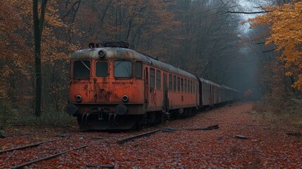Obraz premium Rusty orange train abandoned in autumn forest.