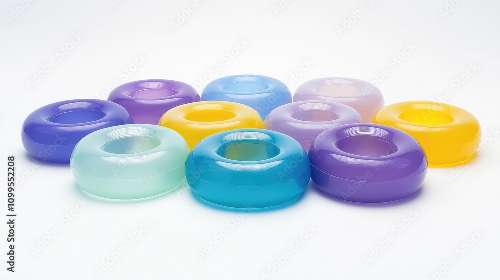 Aufkleber colorful translucent rubber rings arranged artistically on a white background ideal for creative and