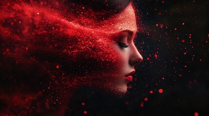 Abstract face dissolving into red particles, symbolizing the intersection of human identity and AI in a digital world, showcasing the fragility and transformation of human-machine evolution