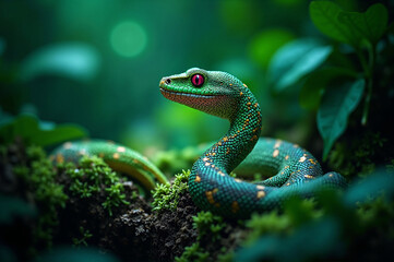 Green tree snake symbol of 2025 in the jungle near the water