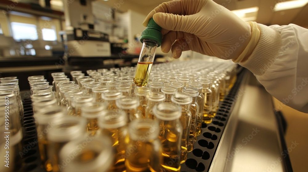 Poster gloved hand adding liquid to test tubes in lab