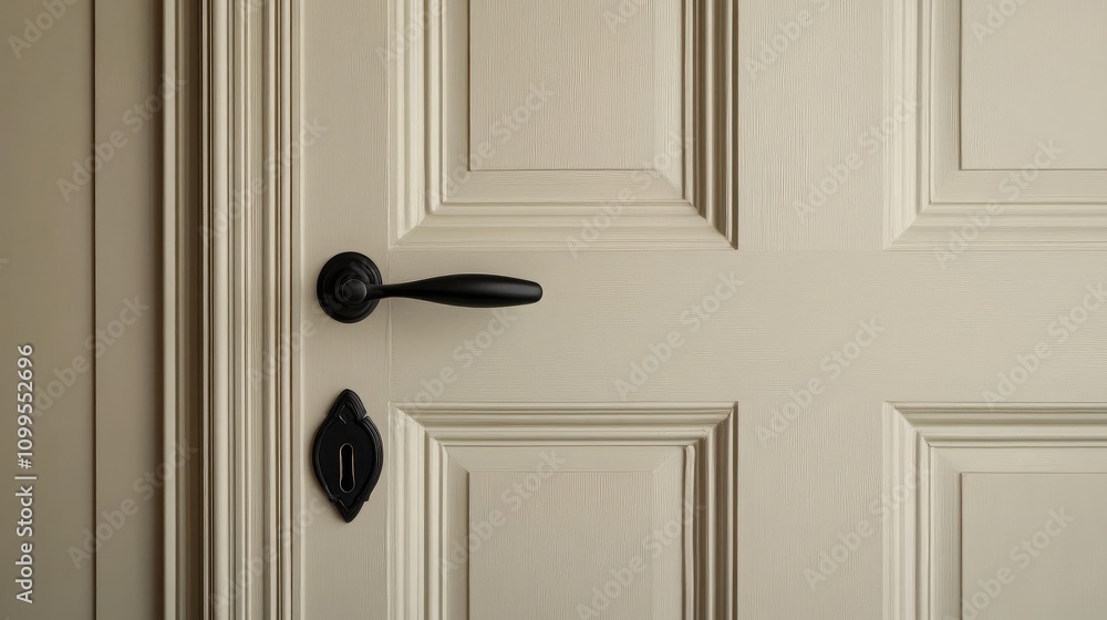 Poster elegant close-up of a light-colored door with a black handle and decorative keyhole, showcasing fine