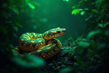 Green tree snake symbol of 2025 in the jungle near the water