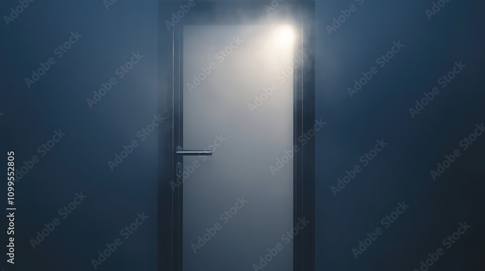 Poster mysterious door surrounded by fog with soft light illuminating the space, evoking intrigue and curio