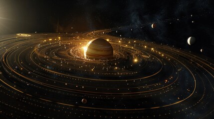 Obraz premium Golden celestial body with ring system and orbiting planets in space.