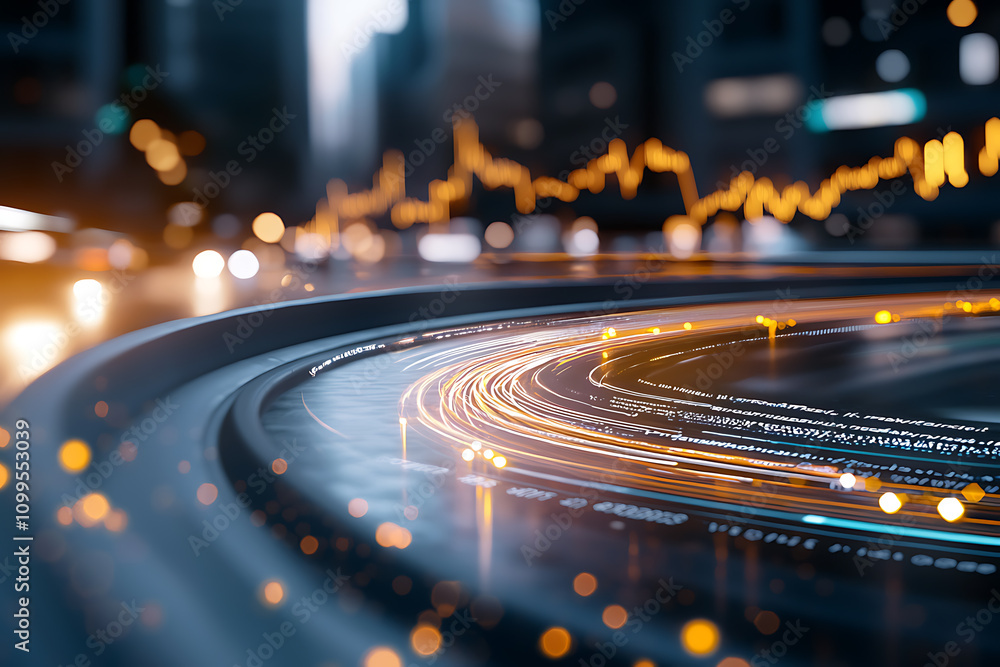 Poster holographic data visualization technology showcasing fintech automation trends in urban environment 