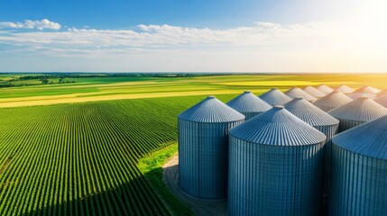 Fototapeta premium Aerial view of large modern grain silos lined up in a vast agricultural landscape, grain storage. 
