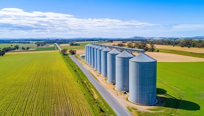 Obraz premium Aerial view of large modern grain silos lined up in a vast agricultural landscape, grain storage. 