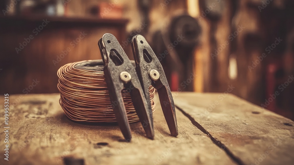 Poster rustic tools on a wooden surface with wire coil background in an old workshop setting