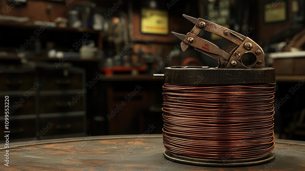 Poster vintage workshop display featuring winding copper wire and mechanical tool on wooden table with warm